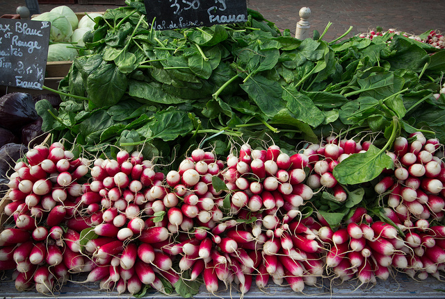 Fresh spinach and radishes at the Chinon Market